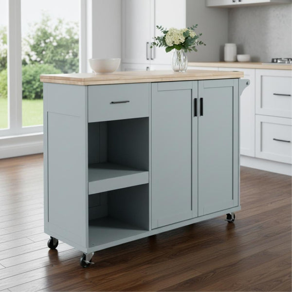 HomeRoots 49" Light Blue Rolling Kitchen Island with Expandable Surface, Sliding Barn Door & Ample Storage 654045