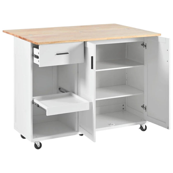 HomeRoots 49" White Wood Barn Door Rolling Kitchen Island with Expandable Storage, Rustic Charm & Mobility 654046