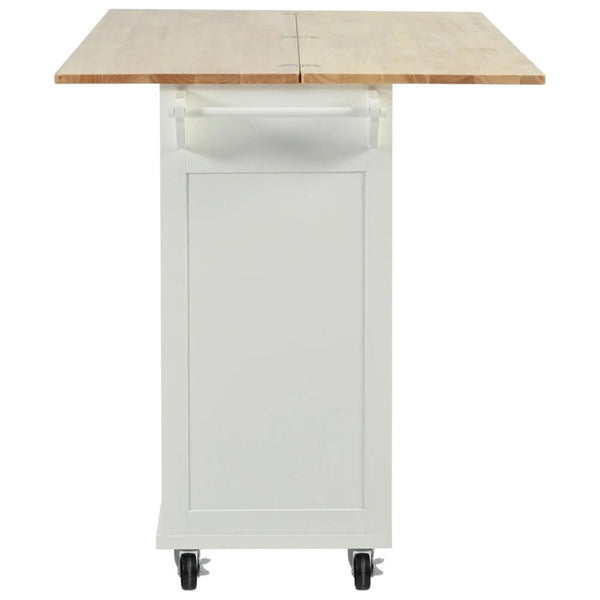 HomeRoots 49" White Wood Barn Door Rolling Kitchen Island with Expandable Storage, Rustic Charm & Mobility 654046