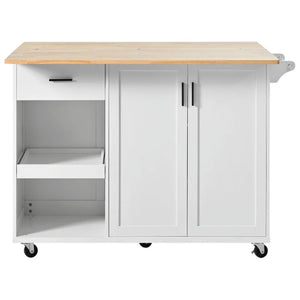 HomeRoots 49" White Wood Barn Door Rolling Kitchen Island with Expandable Storage, Rustic Charm & Mobility 654046