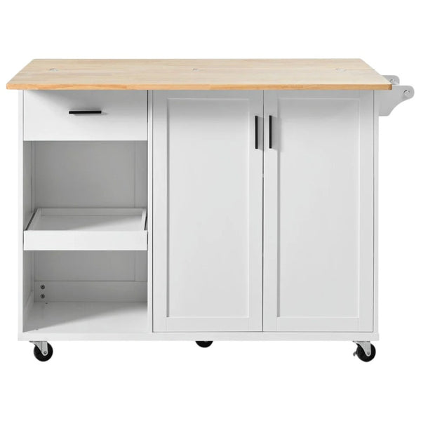 HomeRoots 49" White Wood Barn Door Rolling Kitchen Island with Expandable Storage, Rustic Charm & Mobility 654046