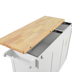 HomeRoots 49" White Wood Barn Door Rolling Kitchen Island with Expandable Storage, Rustic Charm & Mobility 654046