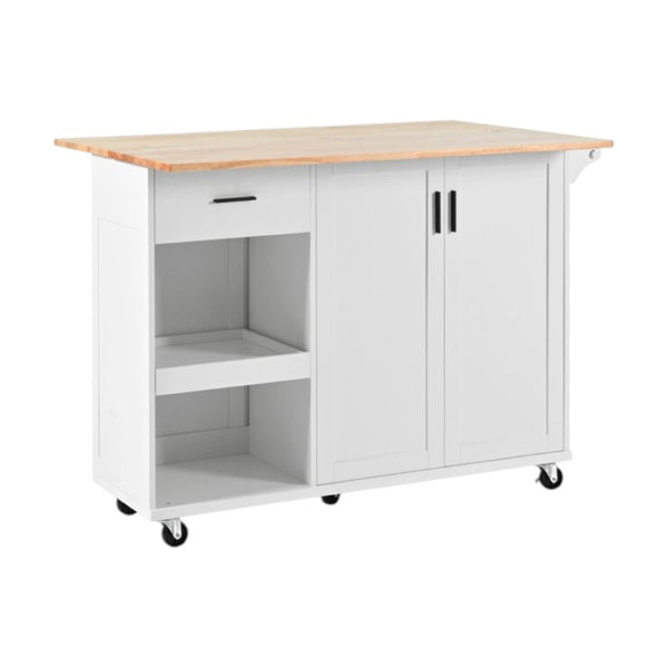 HomeRoots 49" White Wood Barn Door Rolling Kitchen Island with Expandable Storage, Rustic Charm & Mobility 654046