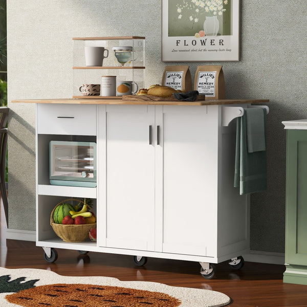 HomeRoots 49" White Wood Barn Door Rolling Kitchen Island with Expandable Storage, Rustic Charm & Mobility 654046