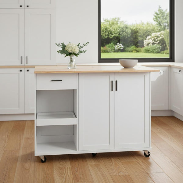 HomeRoots 49" White Wood Barn Door Rolling Kitchen Island with Expandable Storage, Rustic Charm & Mobility 654046