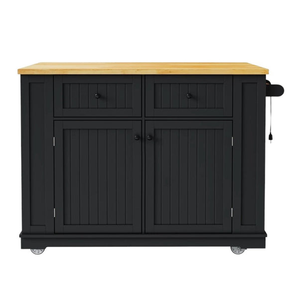 HomeRoots 48" Black Wood Barn Door Rolling Kitchen Island with Storage, USB Ports & Expandable Surface Upgrade 654047