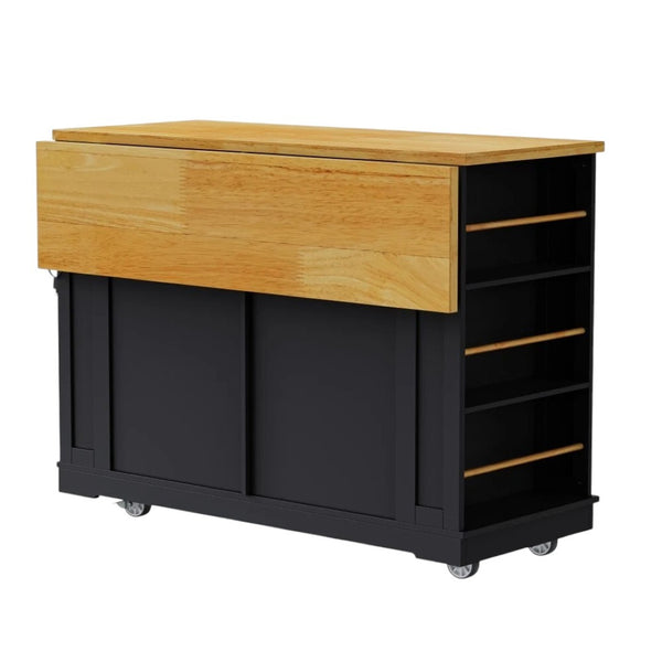 HomeRoots 48" Black Wood Barn Door Rolling Kitchen Island with Storage, USB Ports & Expandable Surface Upgrade 654047