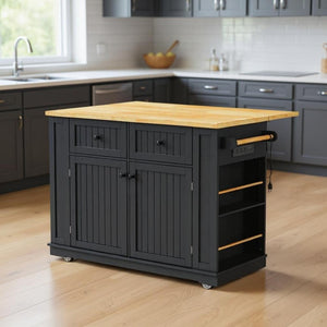 HomeRoots 48" Black Wood Barn Door Rolling Kitchen Island with Storage, USB Ports & Expandable Surface Upgrade 654047