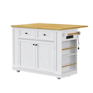 HomeRoots 48" White Wood Barn Door Rolling Kitchen Island with USB, Storage, and Expandable Work Surface 654048