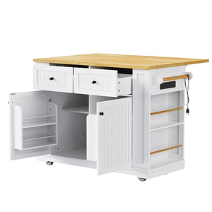 HomeRoots 48" White Wood Barn Door Rolling Kitchen Island with USB, Storage, and Expandable Work Surface 654048