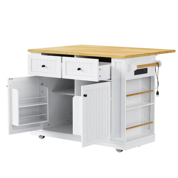 HomeRoots 48" White Wood Barn Door Rolling Kitchen Island with USB, Storage, and Expandable Work Surface 654048