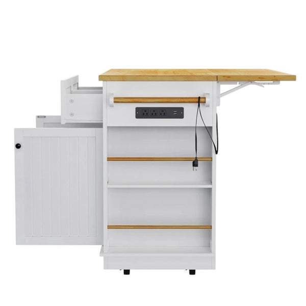HomeRoots 48" White Wood Barn Door Rolling Kitchen Island with USB, Storage, and Expandable Work Surface 654048