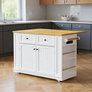HomeRoots 48" White Wood Barn Door Rolling Kitchen Island with USB, Storage, and Expandable Work Surface 654048