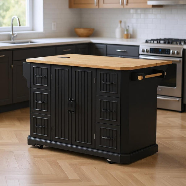 HomeRoots 56" Black Wood Barn Door Rolling Kitchen Island – Expandable, Mobile Storage & Rustic Charm for Your Home 654049