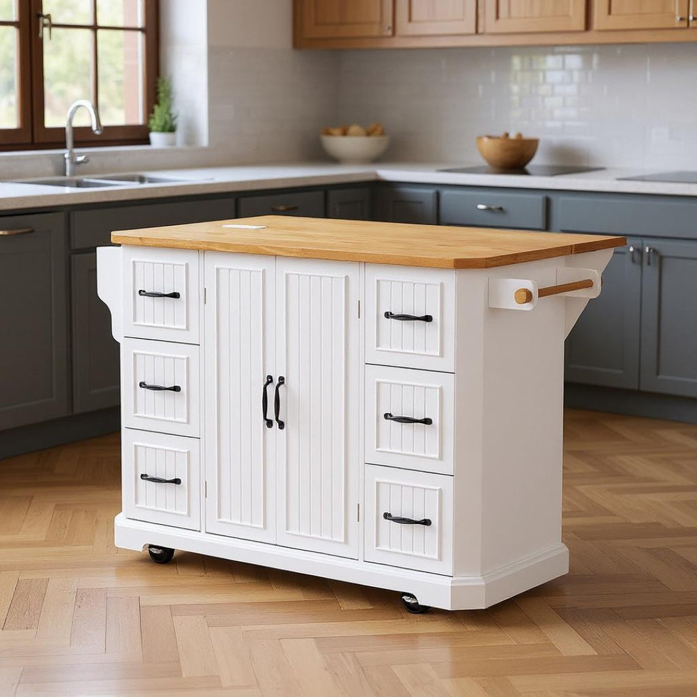 HomeRoots 56" White Wood Barn Door Kitchen Island - Stylish Rolling Storage with Expandable Work Surface & Charm 654050