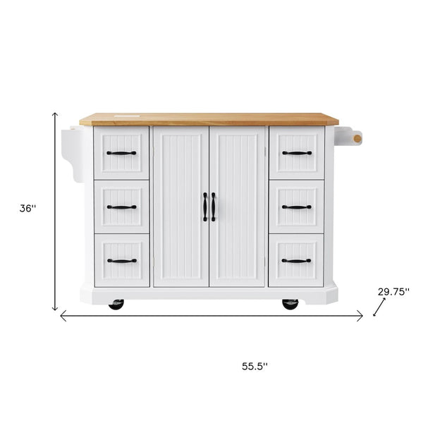 HomeRoots 56" White Wood Barn Door Kitchen Island - Stylish Rolling Storage with Expandable Work Surface & Charm 654050