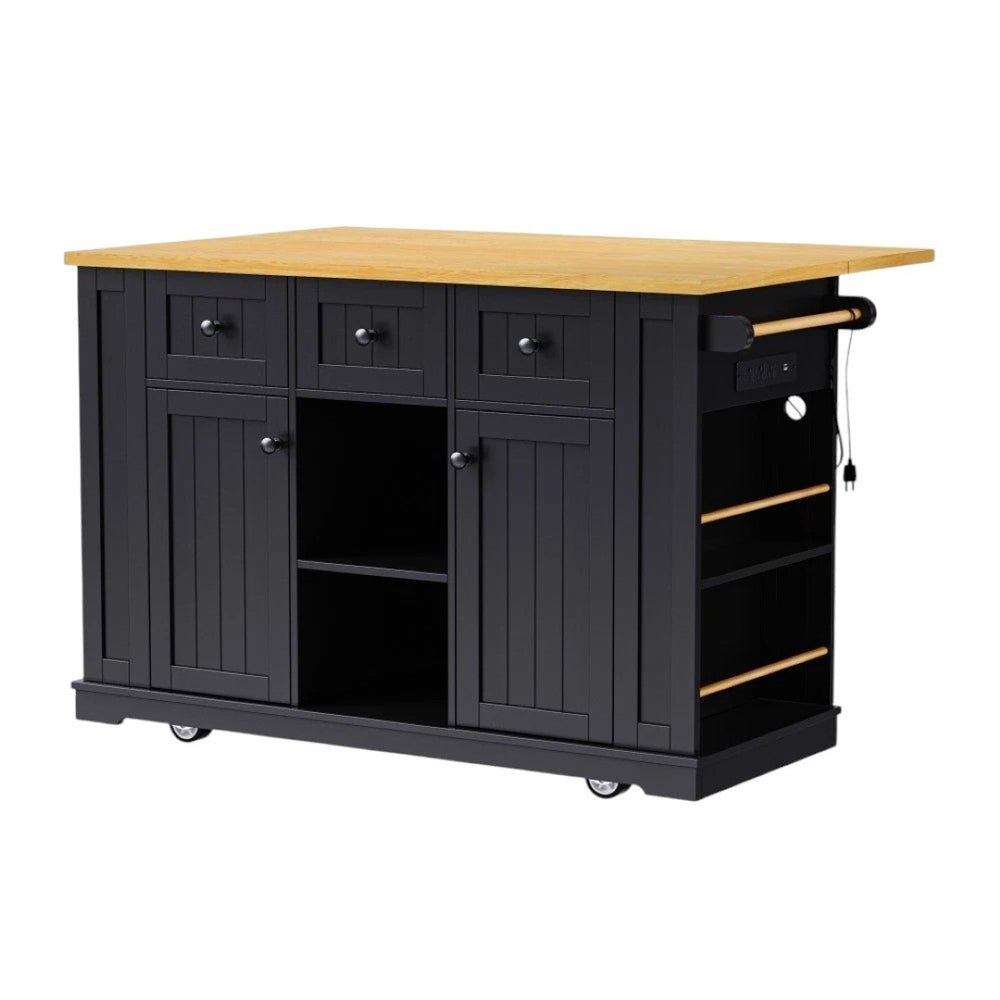 HomeRoots 53" Black Wood Barn Door Rolling Kitchen Island with USB, Storage & Expandable Work Surface 654051
