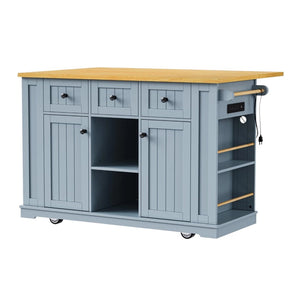 HomeRoots 53" Light Blue Wood Barn Door Kitchen Island Set with USB Ports, Storage & Seating for Versatile Use 654052