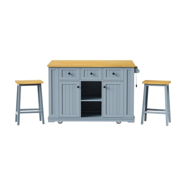 HomeRoots 53" Light Blue Wood Barn Door Kitchen Island Set with USB Ports, Storage & Seating for Versatile Use 654052