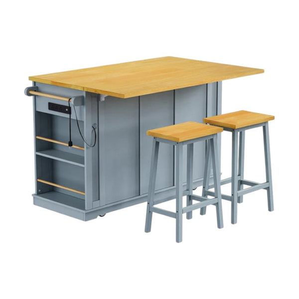 HomeRoots 53" Light Blue Wood Barn Door Kitchen Island Set with USB Ports, Storage & Seating for Versatile Use 654052