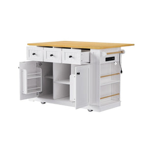 HomeRoots 53" White Wood Barn Door Kitchen Island with Rolling Mobility, USB Charging, Storage & Seating Options 654053