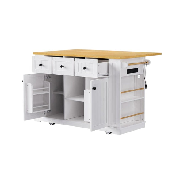 HomeRoots 53" White Wood Barn Door Kitchen Island with Rolling Mobility, USB Charging, Storage & Seating Options 654053