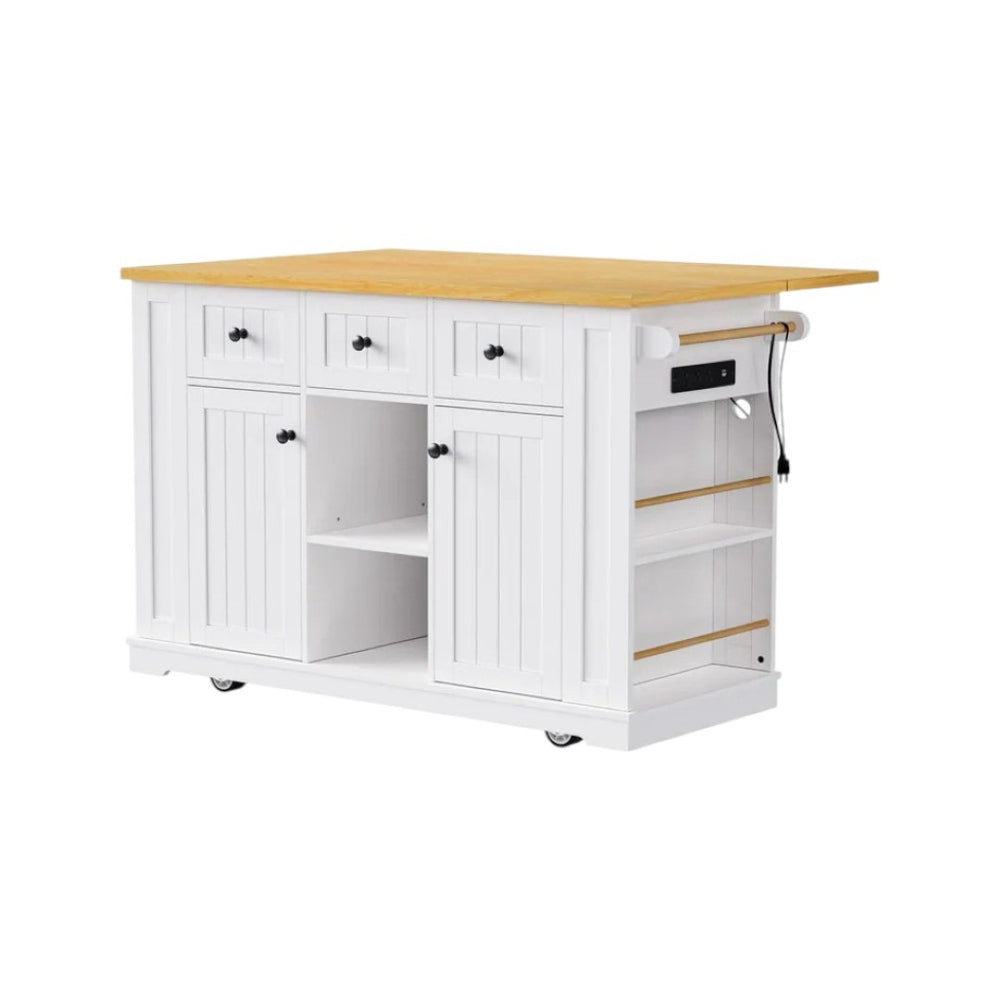 HomeRoots 53" White Wood Barn Door Kitchen Island with Rolling Mobility, USB Charging, Storage & Seating Options 654053