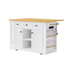 HomeRoots 53" White Wood Barn Door Kitchen Island with Rolling Mobility, USB Charging, Storage & Seating Options 654053