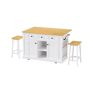 HomeRoots 53" White Wood Barn Door Kitchen Island with Rolling Mobility, USB Charging, Storage & Seating Options 654053