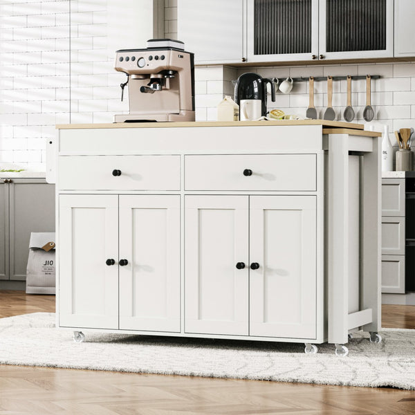 HomeRoots 51" White Wood Barn Door Rolling Kitchen Island - Versatile, Stylish, and Mobile Prep & Storage Solution 654055