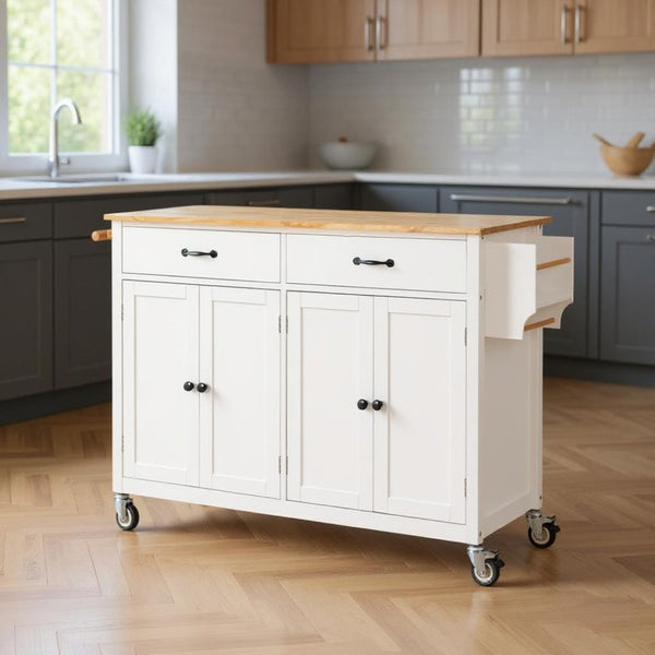 HomeRoots 51" White Wood Barn Door Rolling Kitchen Island - Versatile, Stylish, and Mobile Prep & Storage Solution 654055