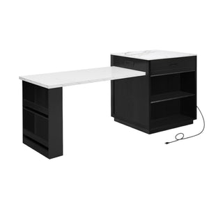 HomeRoots 55" White and Black Rolling Barn Door Kitchen Island with USB, Storage, and Expandable Workspace 654056