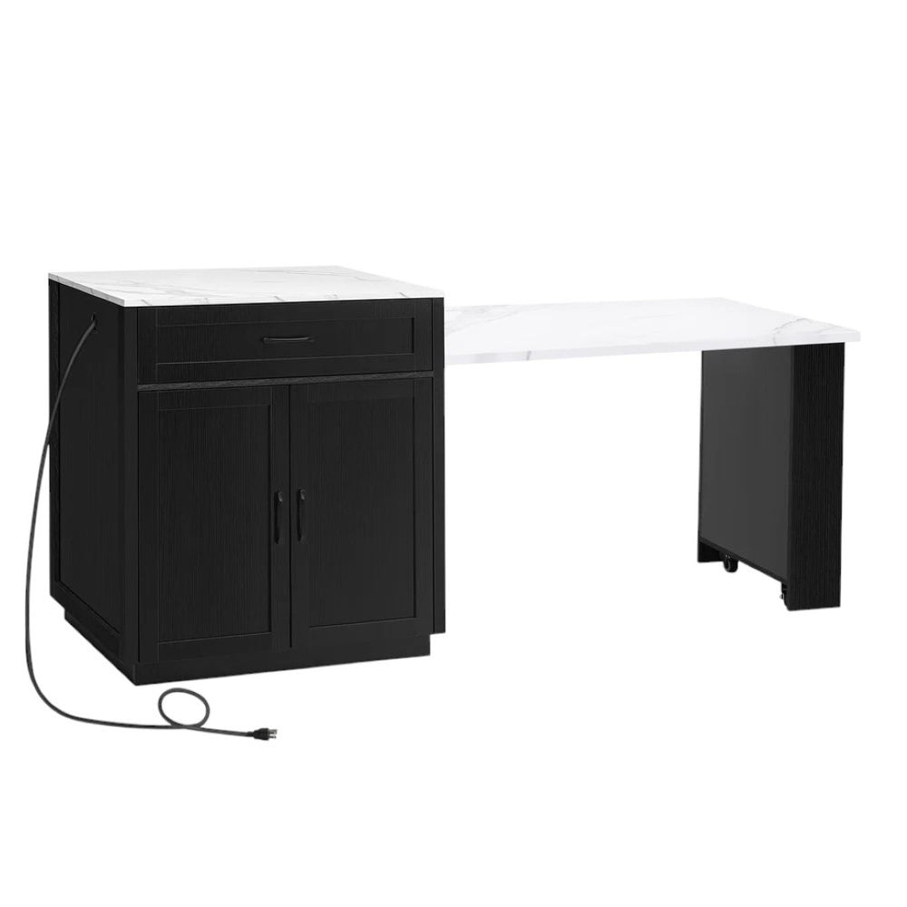 HomeRoots 55" White and Black Rolling Barn Door Kitchen Island with USB, Storage, and Expandable Workspace 654056