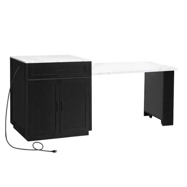 HomeRoots 55" White and Black Rolling Barn Door Kitchen Island with USB, Storage, and Expandable Workspace 654056