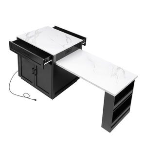 HomeRoots 55" White and Black Rolling Barn Door Kitchen Island with USB, Storage, and Expandable Workspace 654056