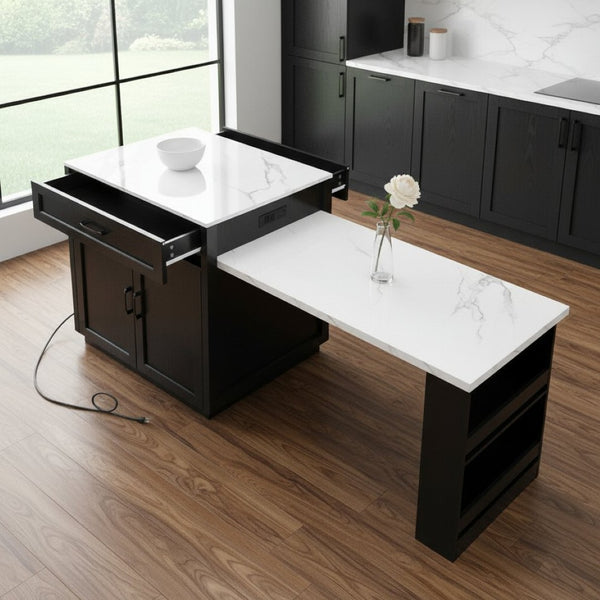 HomeRoots 55" White and Black Rolling Barn Door Kitchen Island with USB, Storage, and Expandable Workspace 654056