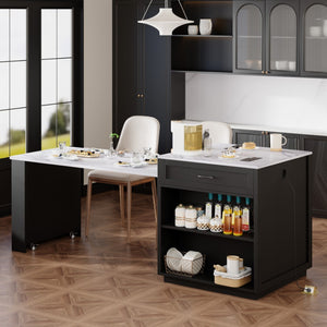 HomeRoots 55" White and Black Rolling Barn Door Kitchen Island with USB, Storage, and Expandable Workspace 654056