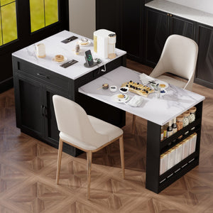 HomeRoots 55" White and Black Rolling Barn Door Kitchen Island with USB, Storage, and Expandable Workspace 654056