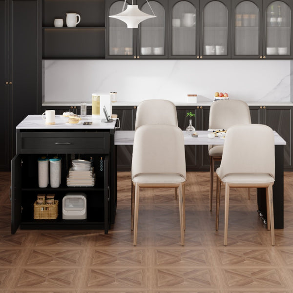 HomeRoots 55" White and Black Rolling Barn Door Kitchen Island with USB, Storage, and Expandable Workspace 654056