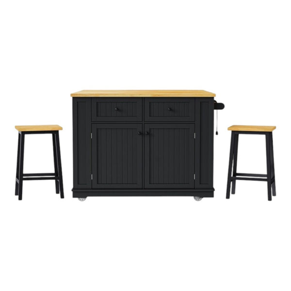 HomeRoots 45" Black Wood Barn Door Rolling Kitchen Island with USB, Stools & Expandable Storage Solutions 654058