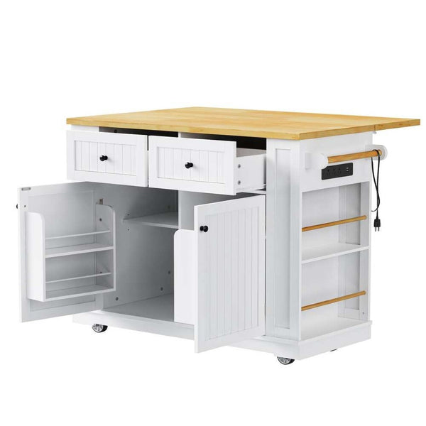 HomeRoots 45" White Wood Barn Door Rolling Kitchen Island with Storage, USB Port & Expandable Workspace 654059
