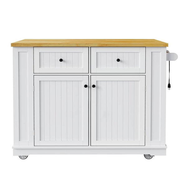 HomeRoots 45" White Wood Barn Door Rolling Kitchen Island with Storage, USB Port & Expandable Workspace 654059