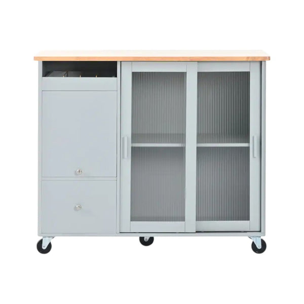 HomeRoots 44" Light Blue Wood Barn Door Kitchen Island - Expandable Prep Station with Storage & Locking Casters 654060