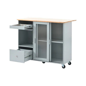 HomeRoots 44" Light Blue Wood Barn Door Kitchen Island - Expandable Prep Station with Storage & Locking Casters 654060