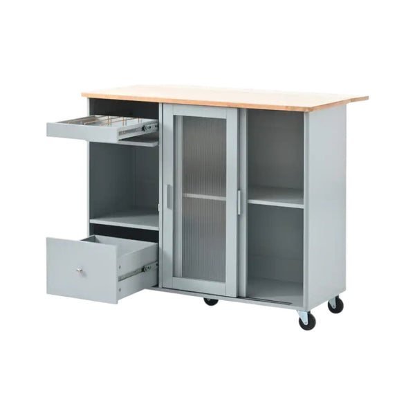 HomeRoots 44" Light Blue Wood Barn Door Kitchen Island - Expandable Prep Station with Storage & Locking Casters 654060