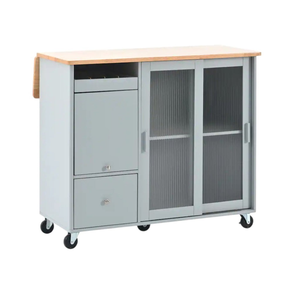 HomeRoots 44" Light Blue Wood Barn Door Kitchen Island - Expandable Prep Station with Storage & Locking Casters 654060