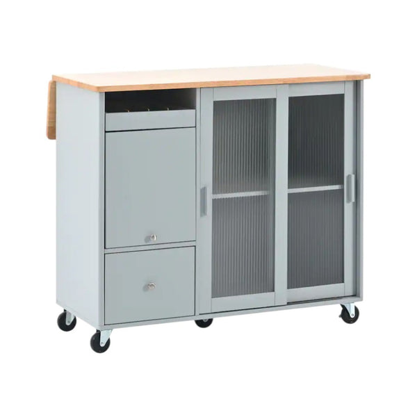 HomeRoots 44" Light Blue Wood Barn Door Kitchen Island - Expandable Prep Station with Storage & Locking Casters 654060