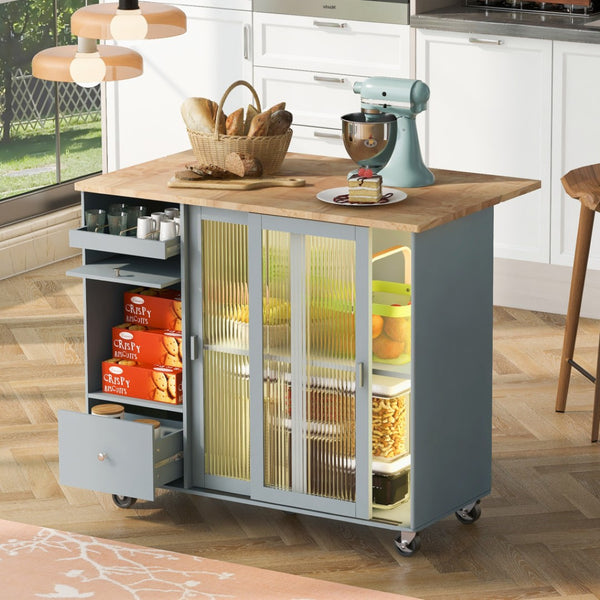 HomeRoots 44" Light Blue Wood Barn Door Kitchen Island - Expandable Prep Station with Storage & Locking Casters 654060