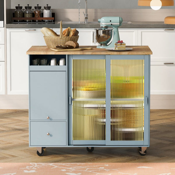 HomeRoots 44" Light Blue Wood Barn Door Kitchen Island - Expandable Prep Station with Storage & Locking Casters 654060