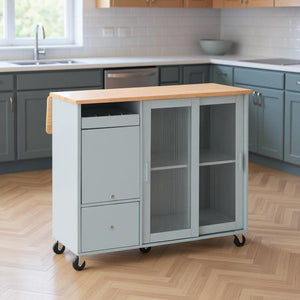 HomeRoots 44" Light Blue Wood Barn Door Kitchen Island - Expandable Prep Station with Storage & Locking Casters 654060
